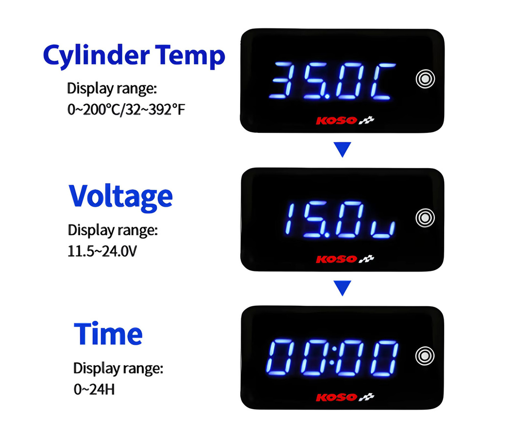 Koso 3 in 1 Digital Messgerät für Motorräder mit LCD-Anzeige zur Messung von Zylindertemperatur, Spannung und Zeit in Schwarz - Bild 2