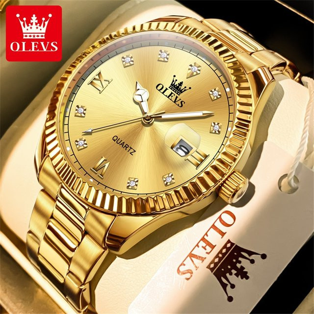 OLEVS Armbanduhr, Quarz, Edelstahl, Gold, Herren, Datum - Bild 1