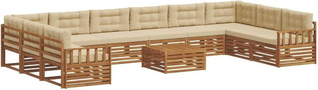 vidaXL Sofagarnitur aus Massivholz Akazie in Natur und Beige, 11-teiliges U-Form Sofa mit Polsterung und Kissen - Bild 1
