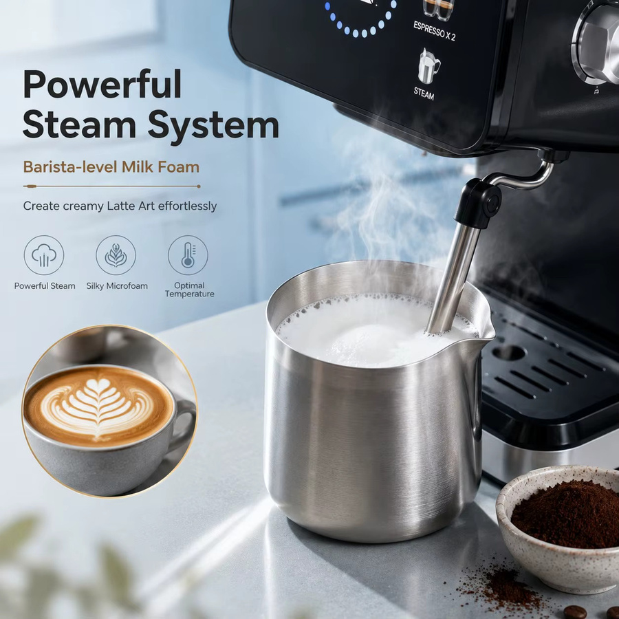 SZWDSE Halbautomatische Espressomaschine mit integriertem Milchaufschäumer und Temperaturregelung, 20 bar Druck, Schwarz - Bild 4
