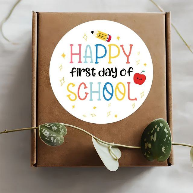 10 Stück bunte Happy First Day of School Aufkleber mit Bleistift- und Apfel-Design aus Papier - Bild 1