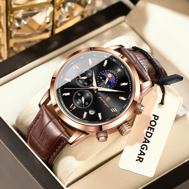 POEDAGAR Armbanduhr Chronograph, Quarz, Leder, Schwarz, Roségold, Herren - Bild 1