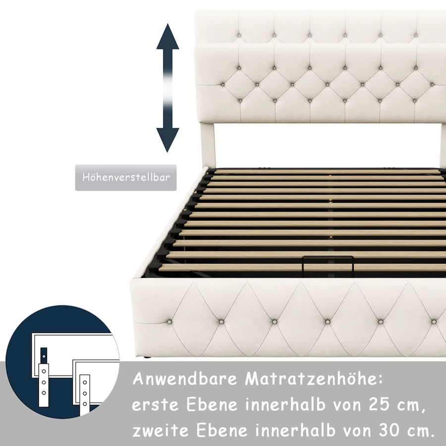 Polsterbett mit Stauraum und LED-Beleuchtung in Beige, B/T/H: 140 x 200 cm - Bild 2