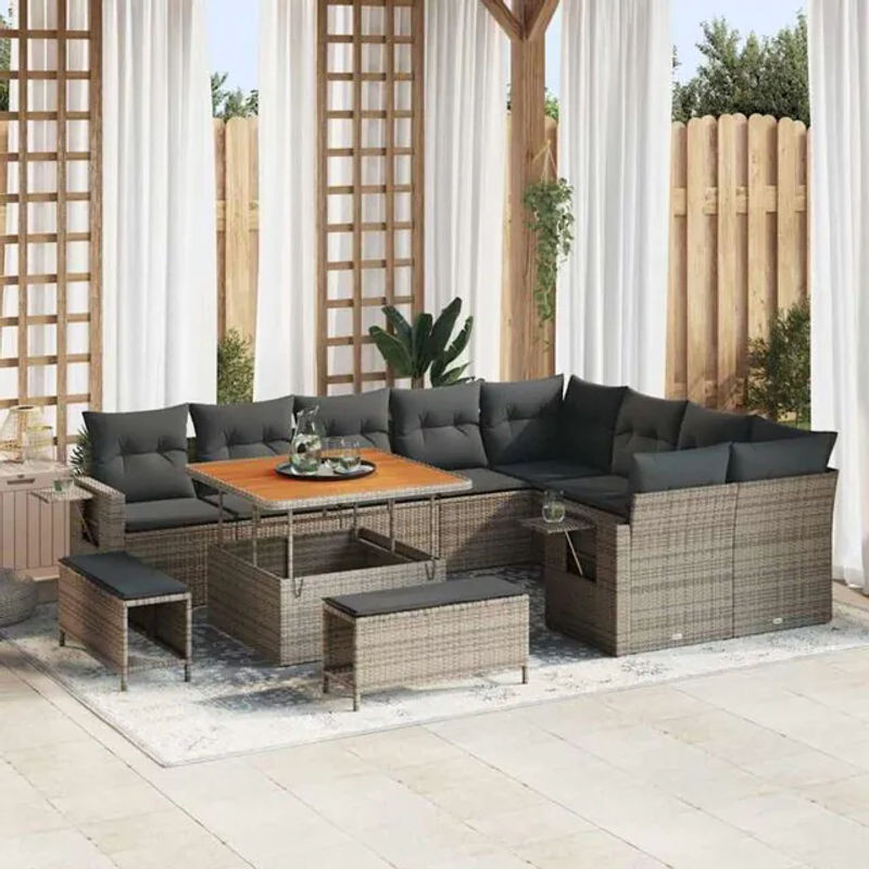 Vidaxl Polyrattan Garten-Sofa-Set mit 12 Teilen und Kissen in Grau, modernes Loungemöbel-Set aus Rattan und Stahl, B/T/H: 100 x 100 x 71 cm - Bild 1