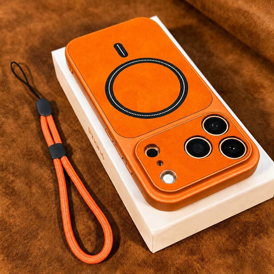 Luxuriöse Retro Business Kunstleder Handyhülle mit Schlüsselband für Apple iPhone 17 16 15 14 13 Pro Max in Grau und Orange - Bild 1