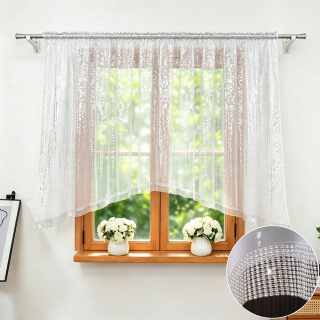 FLYINGCURTAINS Lichtfilternde Gardine mit silbernen Regentropfen-Pailletten in Weiß/Silber, B: 150 cm, H: 140 cm - Bild 1