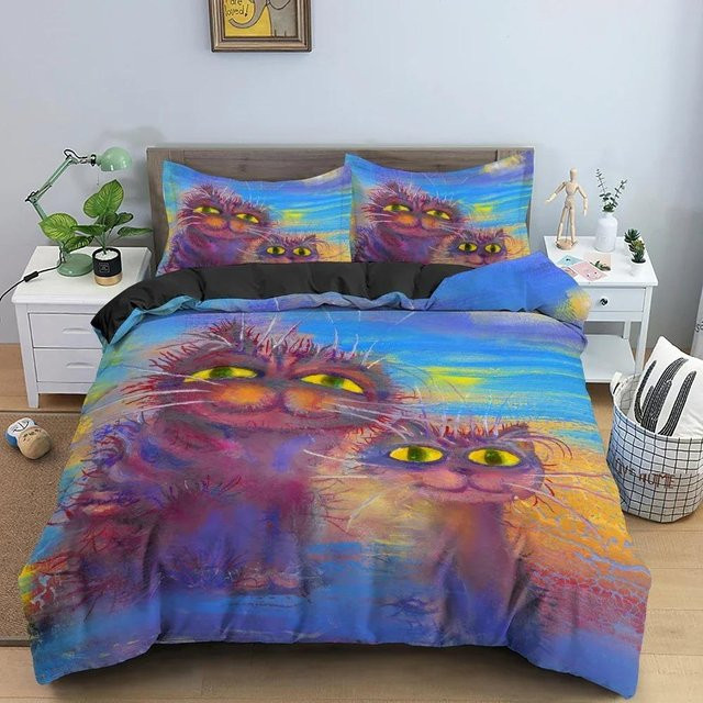 Bettwäsche Set mit Aquarell Cartoon Katze Muster und Kissenbezug, Multicolor, B/H: 135 x 200 cm - Bild 1
