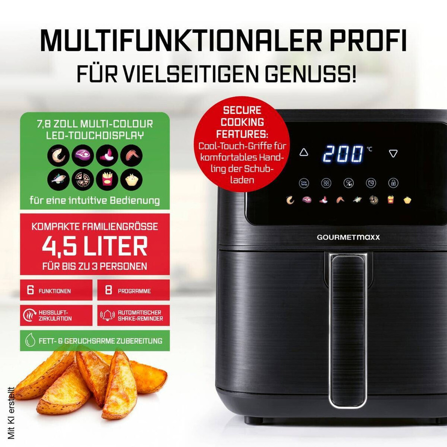 GOURMETmaxx Heißluftfritteuse mit Digitalanzeige in Schwarz, 4,5 l, B/H/T: 26 x 29,5 x 36 cm - Bild 3
