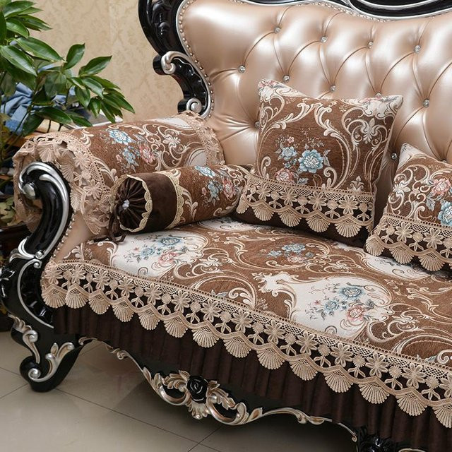 Rutschfester Sofabezug von BC-Warm Home aus braunem Jacquard-Stoff mit floralem Muster, B/T: 50 x 15 cm - Bild 1