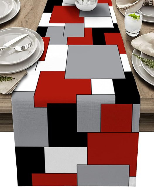 JMG Household Supplies Leinen Tischläufer mit abstraktem geometrischem Farbblock-Patchwork in Weiß, Schwarz, Grau und Rot, B: 150 cm, H: 33 cm - Bild 1