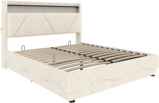 okwish Polsterbett Beige mit LED-Unterbettbeleuchtung, USB-Ladeanschluss und Seitentaschen, B/T/H: 160 x 200 x 116,5 cm - Bild 1