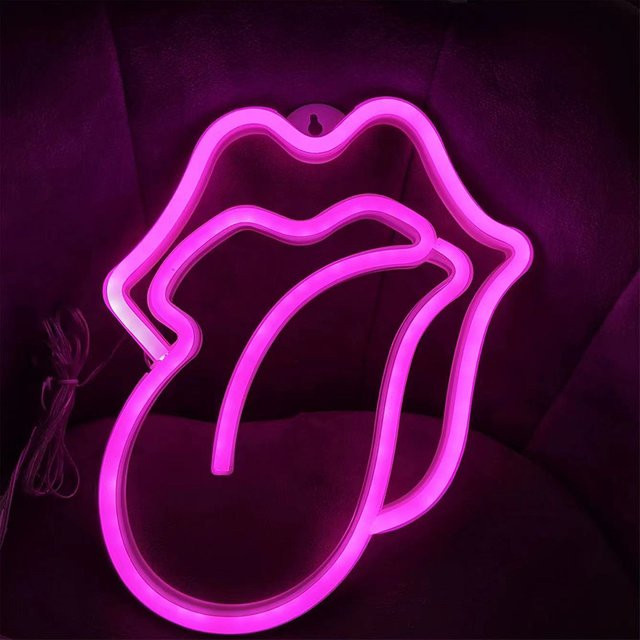Neonlicht LED Schild Mund und Zunge in Pink als Wanddekoration für Wohnzimmer oder Geschäft, USB- und Batteriebetrieb, Breite: 26,5 cm, Höhe: 22,5 cm - Bild 1