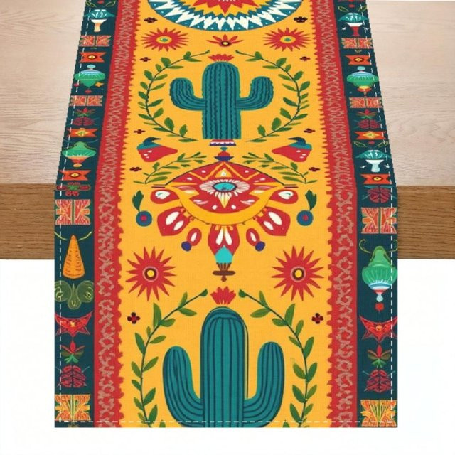 Festlicher Tischläufer von JMG Household Supplies mit Kaktus- und Blumendesign in Schwarz und Multicolour, Rechteckig, B: 150 cm, T: 33 cm - Bild 1