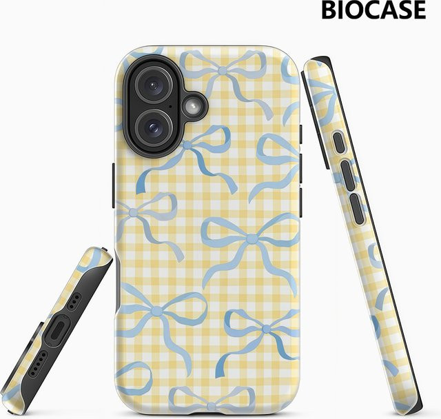 Blue Bow & Yellow Gingham Handyhülle für iPhone 17 16 15 14 13 12 Pro Max Plus mit doppelschichtiger Rückseite in Blau und Gelb - Bild 1