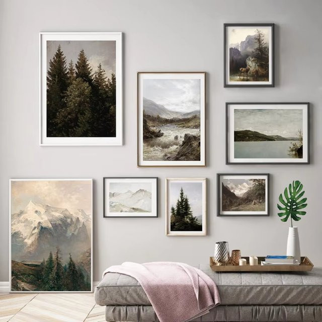 Potdemiel Vintage Wandkunst Leinwandposter Berg-Galerie mit Wald- und See-Landschaft in Mehrfarbig - Bild 1