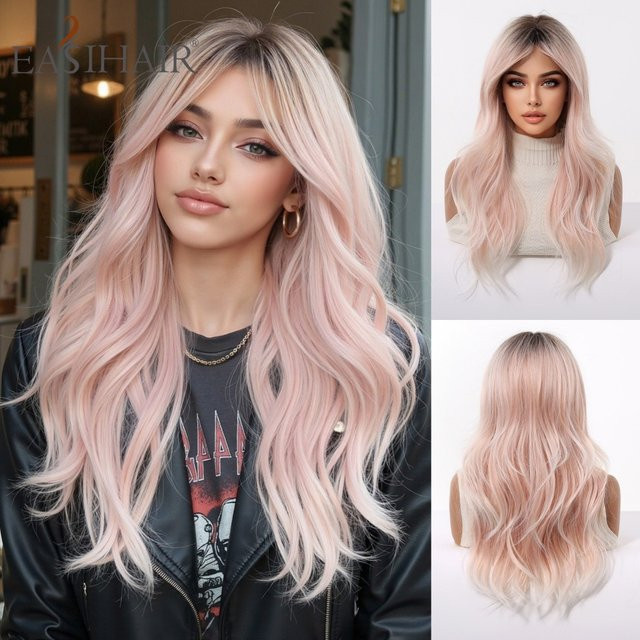EASIHAIR Perücke, lange gewellte Ombre-Perücke mit Pony, rosa, Damen - Bild 1