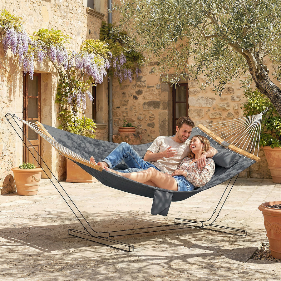 Outsunny Doppelhängematte für Garten und Balkon Grau, zweilagige Hängematte aus Polyester mit Kopfstütze und Magazintasche, B/T/H: 200 x 140 cm - Bild 2