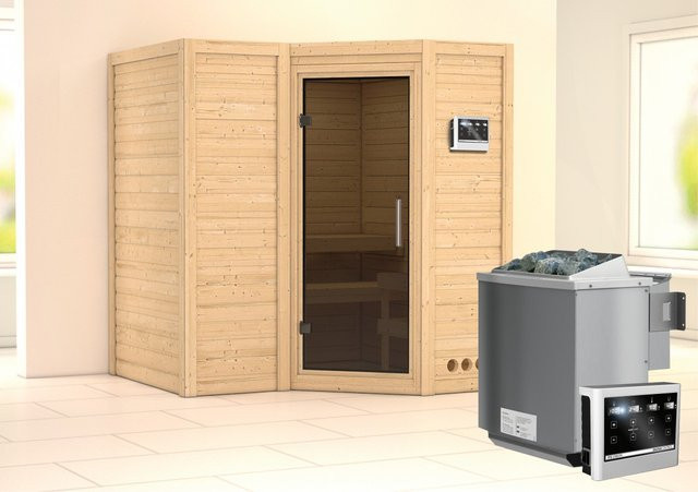 Karibu Massivholzsauna SAHIB 1 BioKombisauna aus Fichte und Espe mit 9,0 kW Ofen und Steuergerät in Grau und Braun, B/T/H: 193 x 184 x 212 cm - Bild 3