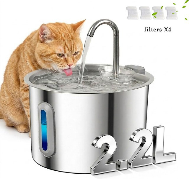 Automatischer Katzen-Trinkbrunnen aus Edelstahl in Silber mit 4 Filtern und ultra-leiser Wasserpumpe, Volumen: 2,2 l - Bild 1