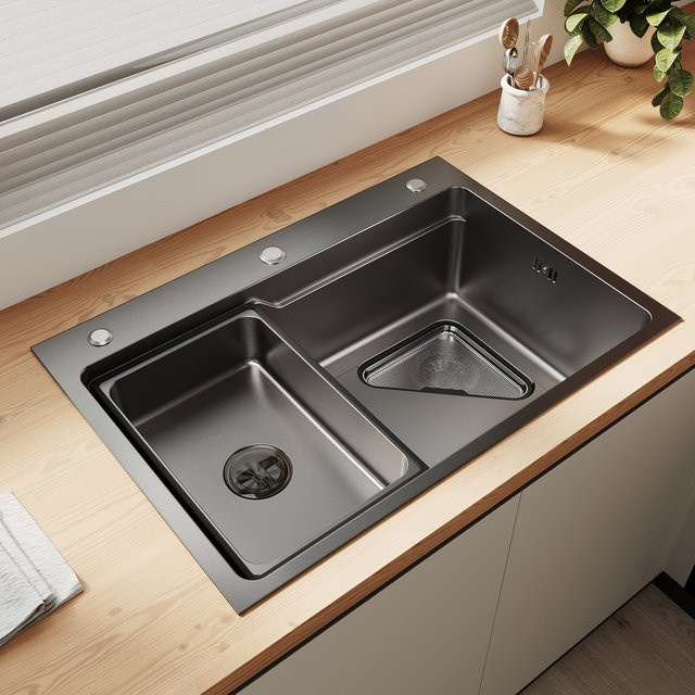SONNI Küchenspüle aus 304 SUS Edelstahl mit 1 Becken, Wasserhahn, Abtropfkorb und Abfallsieb, Einbauspüle oder Unterbauspüle, B/T: 70 x 48 cm - Bild 1