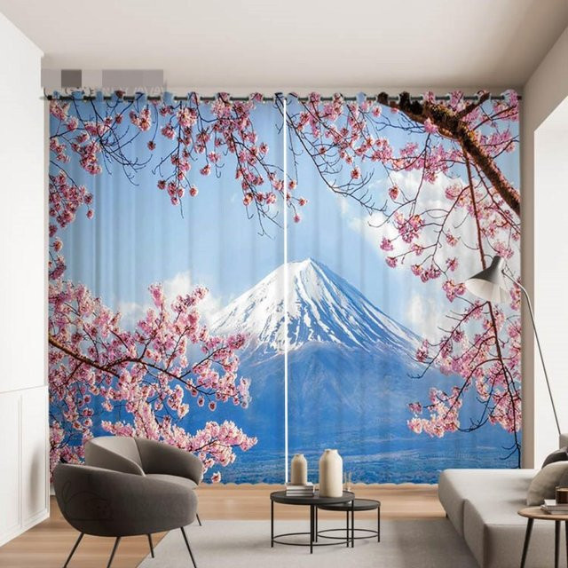 2er-Set Fenster Vorhang mit Kirschblütenmuster und Fuji-Landschaft in Mehrfarben, B/H: 50 x 100 cm - Bild 1
