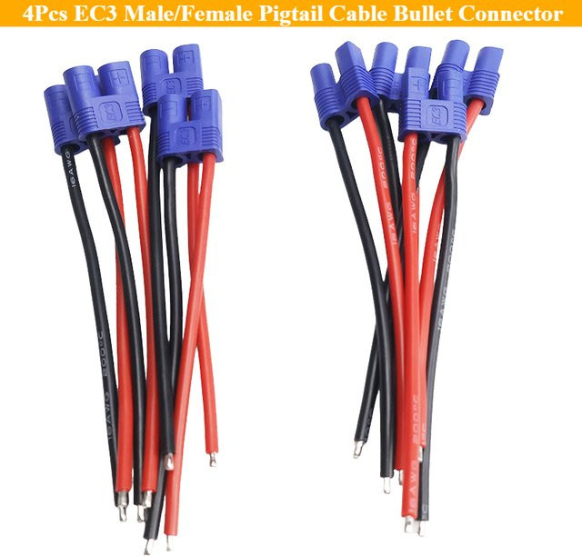 4er Set EC3 Pigtail Kabel mit Rundsteckern, verzinntes Ende aus Silikondraht, 100 mm Länge für RC, Airsoft und Batterieladegeräte - Bild 1