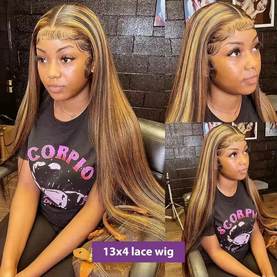 Lace Front Perücke aus Echthaar, 30 Zoll, Ombre 4/27, glatt, Honigblond, Damen - Bild 5