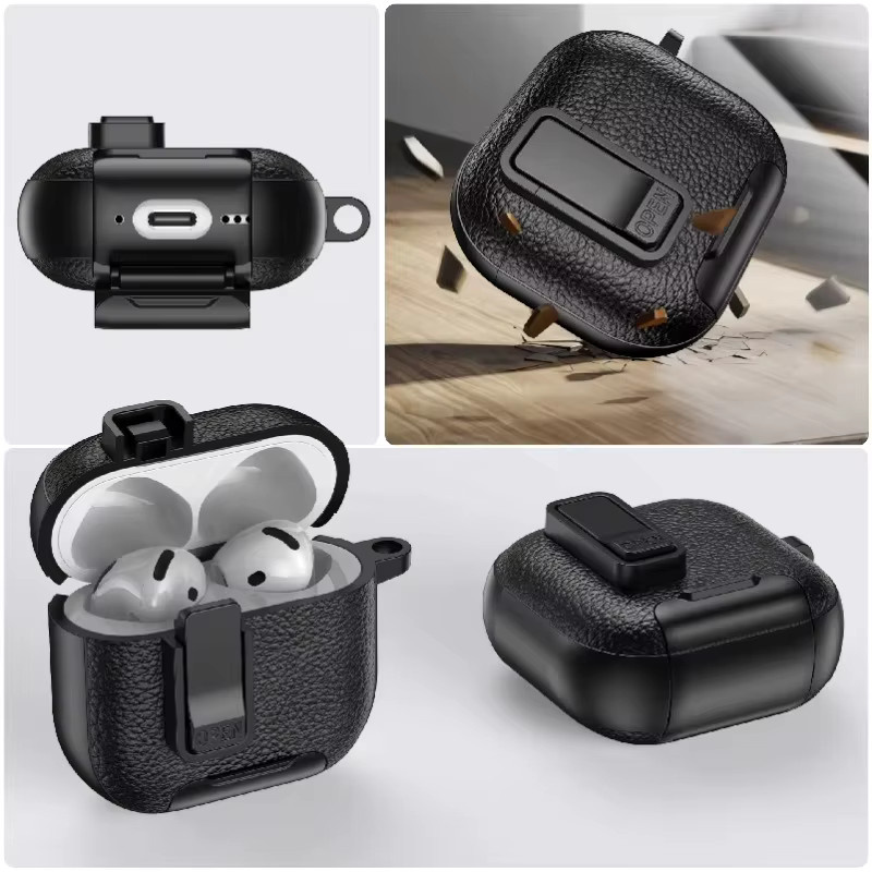 Stoßfeste Leder-Schutzhülle mit Schloss für Apple AirPods Pro, erhältlich in Schwarz oder Weiß - Bild 1