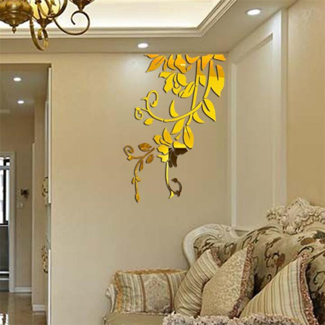 DXLYMYU 3D DIY Pflanzenmuster Spiegel Wandaufkleber aus Acryl in Gold für Wohnzimmer und Schlafzimmer - Bild 1