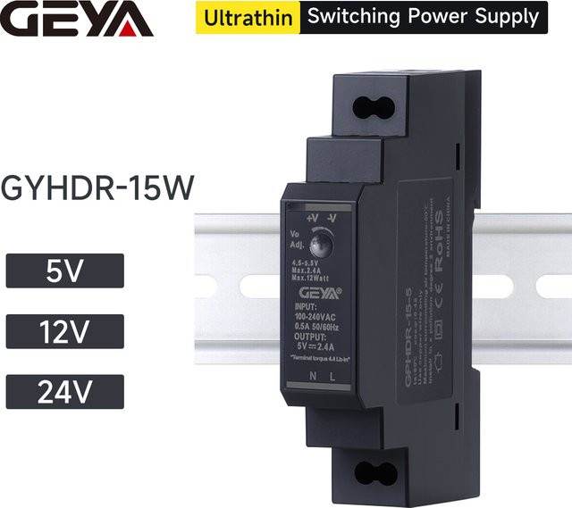 GEYA HDR-15 Ultradünnes Schaltnetzteil für Schienenmontage, 15W, 5V/12V/24V, Schwarz - Bild 1