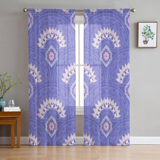 Super Six Ethnische Tüll Vorhänge in Lila und Grau, Transparente Organza Voile Vorhänge für Wohnzimmer, Schlafzimmer und Küche, B: 135 cm, H: 114 cm - Bild 1