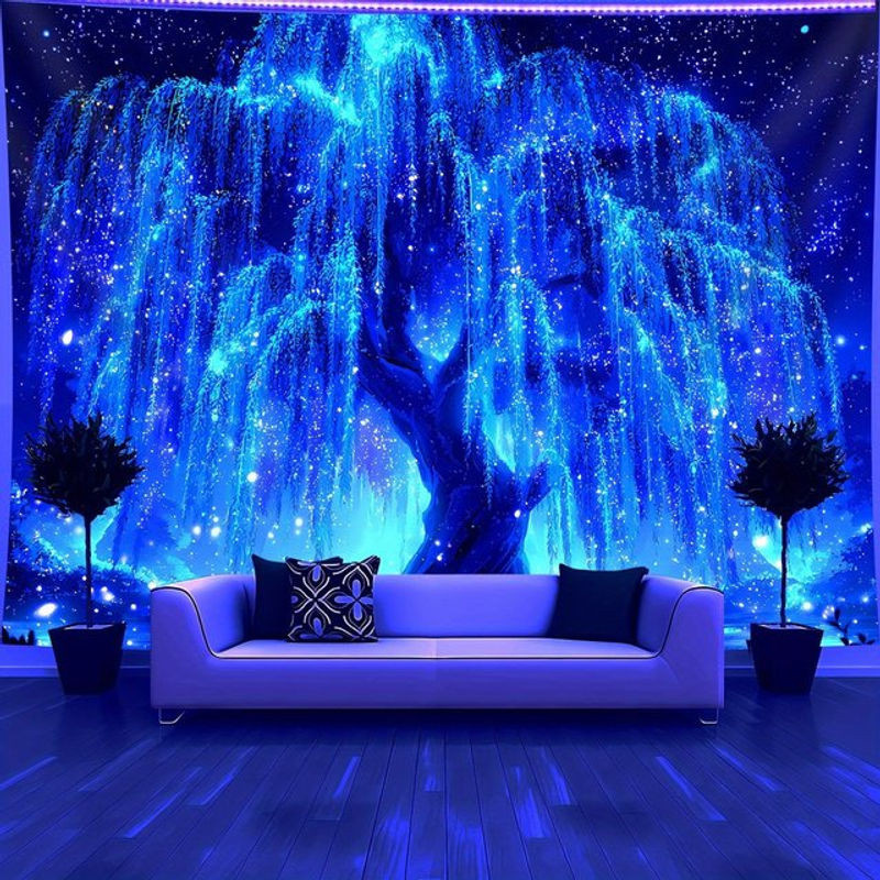 Fluoreszierender Wandteppich Baum des Lebens mit Sternenhimmel in Blau, UV-reaktive Wanddekoration für Schlafzimmer und Partys, B/H: 60 x 40 cm - Bild 1