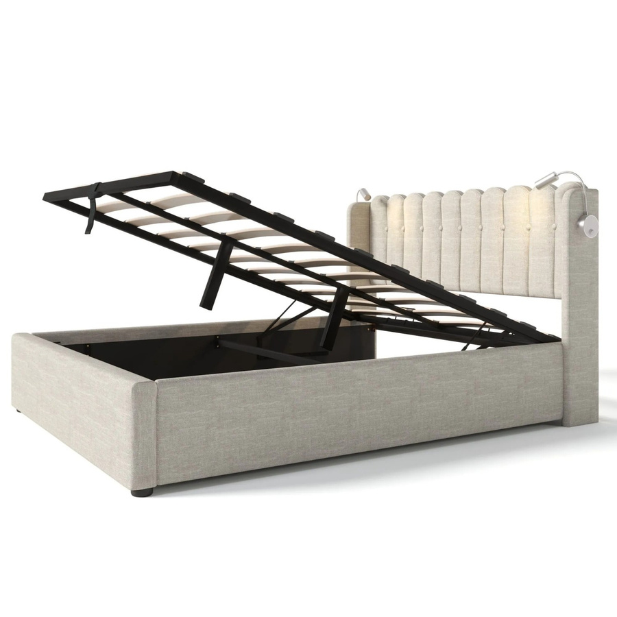 okwish Polsterbett Beige mit Stauraum, Leselicht und USB-Anschluss, B/T/H: 140 x 200 x 40,43 cm - Bild 2