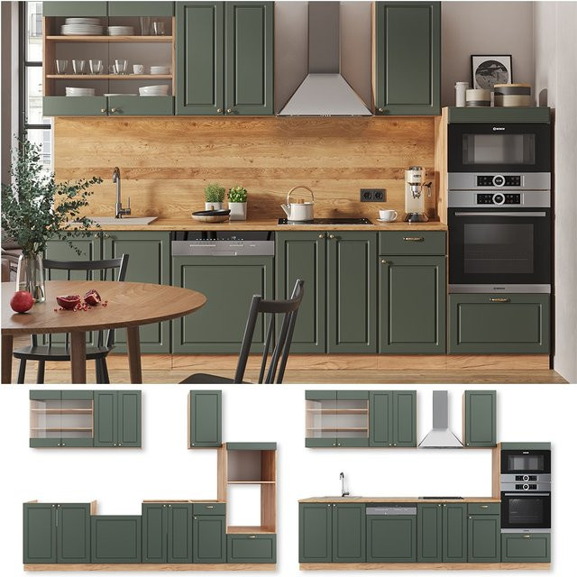 Vicco Küchenzeile Fame-Line Landhausstil Eiche Grün Gold 300 cm - Bild 1