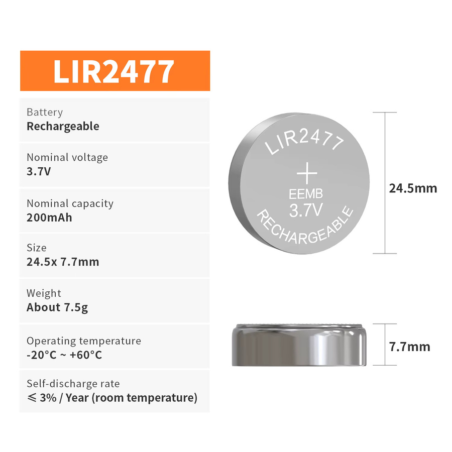 EEMB LIR2477 3,7V 200mAh Wiederaufladbare Lithium-Knopfzellenbatterie in Silber für Bluetooth-Headset und Hörgeräte - Bild 2