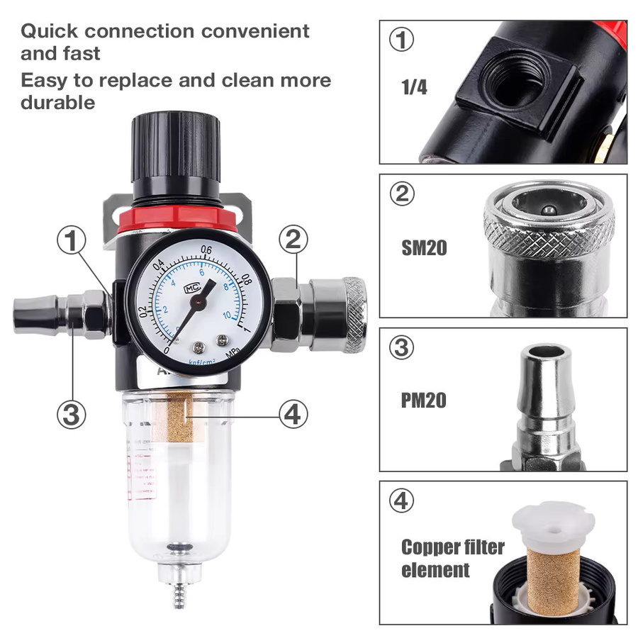 DECWLS AFR2000 Pipeline-Pneumatikfilter mit 1/4'' Anschluss und Kupferfilterelement als Luftdruckregler und Öl-Wasser-Abscheider für Luftkompressoren und Pneumatikwerkzeuge in Messing - Bild 5