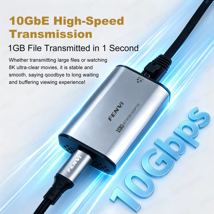 DERAPID USB-C auf 10GbE Ethernet-Adapter, USB 3.2 Gen2x2 zu RJ45 Externe Netzwerkkarte mit RTL8159 Chip, Silber - Bild 3