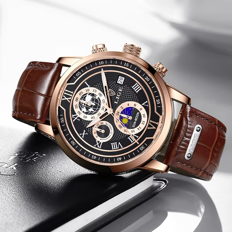 LIGE Armbanduhr Chronograph, Quarz, Leder, Schwarz, Roségold, Herren - Bild 4