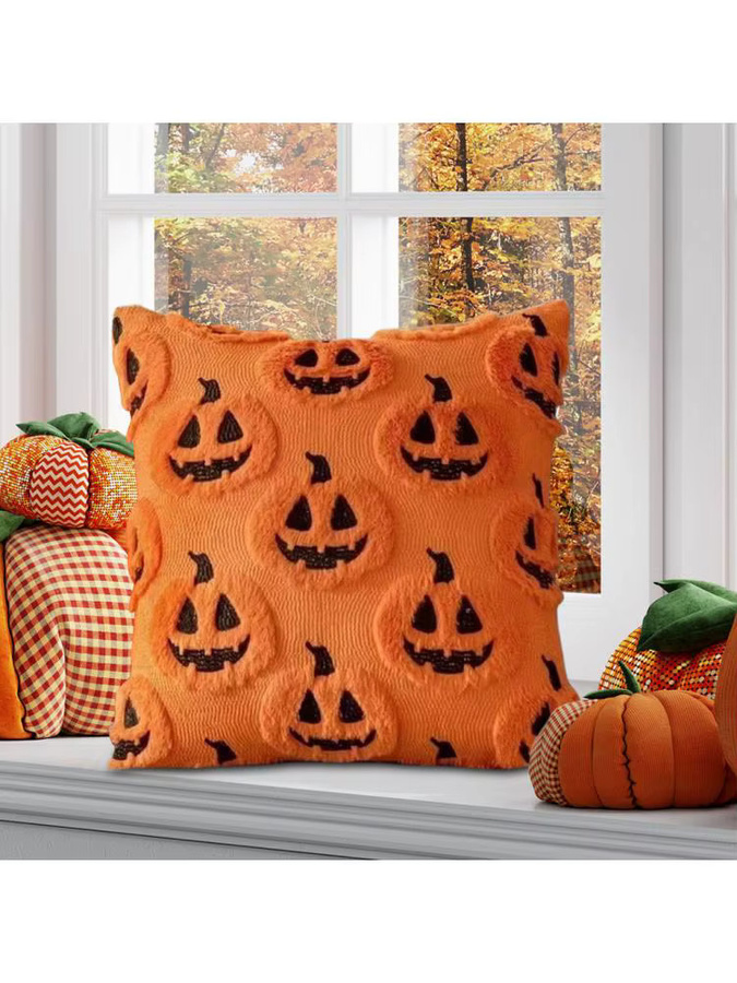 APWIKOGER Halloween Kissenbezüge aus Kunstfell mit Geister- und Kürbis-Motiv in Orange, quadratisch und waschbar - Bild 4