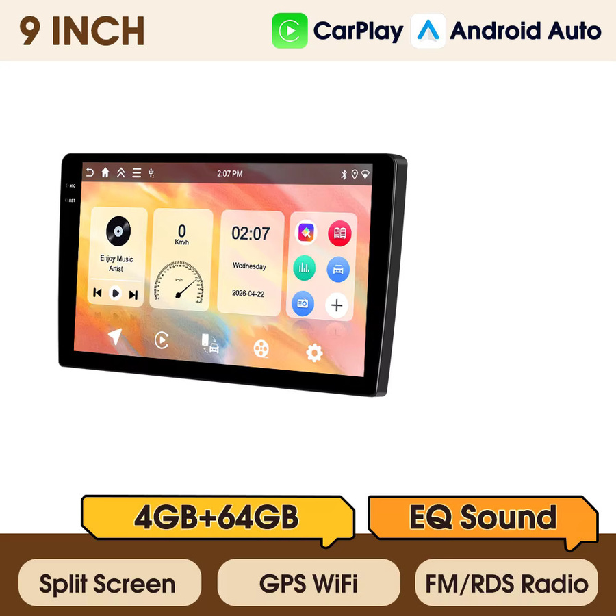 Podofo Universelles Autoradio mit 9,5 Zoll Display, 4GB RAM + 64GB Speicher, kabelloses CarPlay, Android Auto, WIFI, GPS, Bluetooth und FM RDS in Schwarz - Bild 6