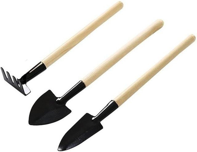 Happypilot Dreiteiliges Mini-Gartengeräte-Set aus Metall und Holz mit Schaufel, Rechen und Spaten für Sukkulenten und Blumenpflanzungen - Bild 1