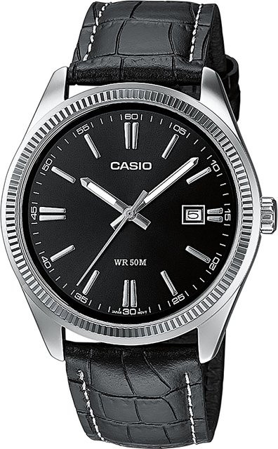 Casio Armbanduhr, Quarz, Edelstahl, Leder, Schwarz, 39 mm, Herren - Bild 1