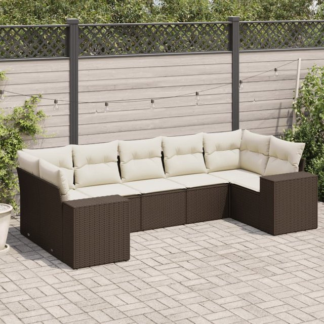 vidaXL 7-tlg. Garten-Sofagarnitur L-Form aus Polyrattan in Braun mit Kissen und pulverbeschichtetem Stahlgestell - Bild 2
