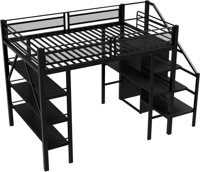 KOMHTOM Hochbett mit Schreibtisch, Kleiderschrank und dreilagigem Ablageregal in Schwarz, Einzelbett mit Stufen und Zaundesign, B/T/H: 200 x 140 x 178,5 cm - Bild 1