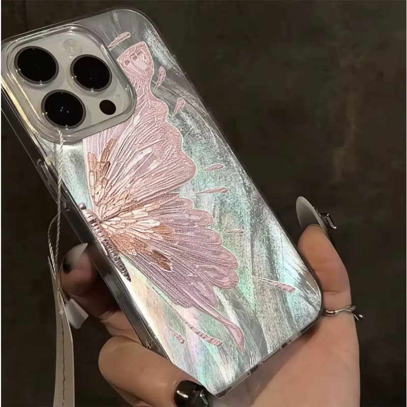 Rosa Schmetterling Handyhülle aus Federgarn für Apple iPhone passend für verschiedene Modelle - Bild 4