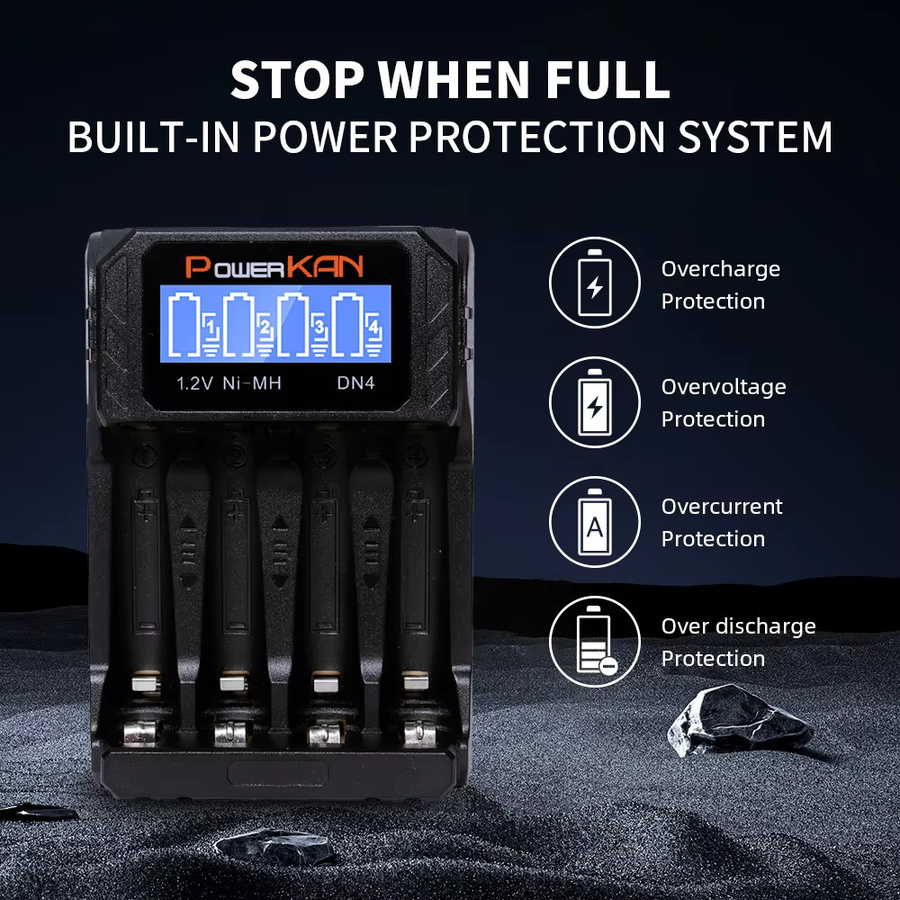 POWERKAN DN4 Batterieladegerät mit LCD-Anzeige für 1.2V Ni-MH AA AAA Akkus, 4 Schächte, USB-C Anschluss - Bild 3