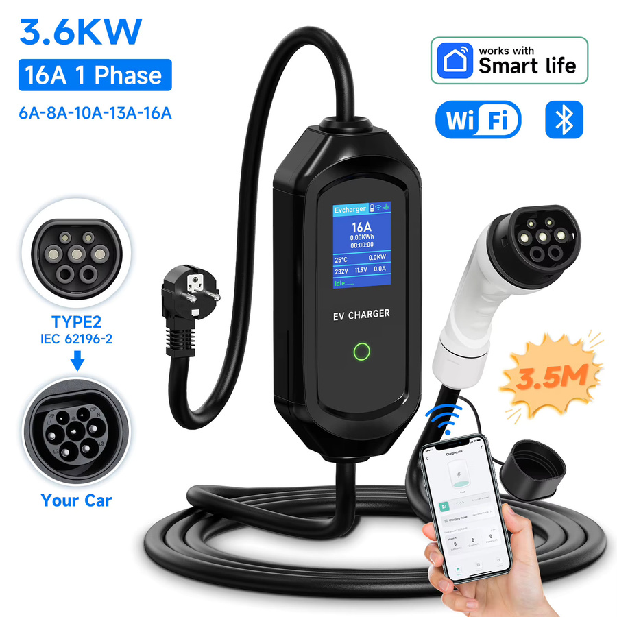 AFYEEV EV-Ladegerät 3,6KW Typ2 IEC62196-2 mit WLAN-App und USB-C, Elektroauto-Ladegerät EVSE in Schwarz - Bild 7