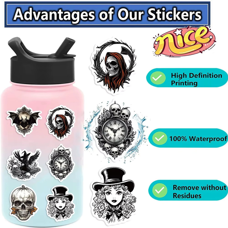 50 Stück YIIMANNER Cartoon Skelett Graffiti Aufkleber in Schwarz und Weiß, wasserfeste Sticker für DIY-Projekte, Notebook und Gepäck - Bild 2