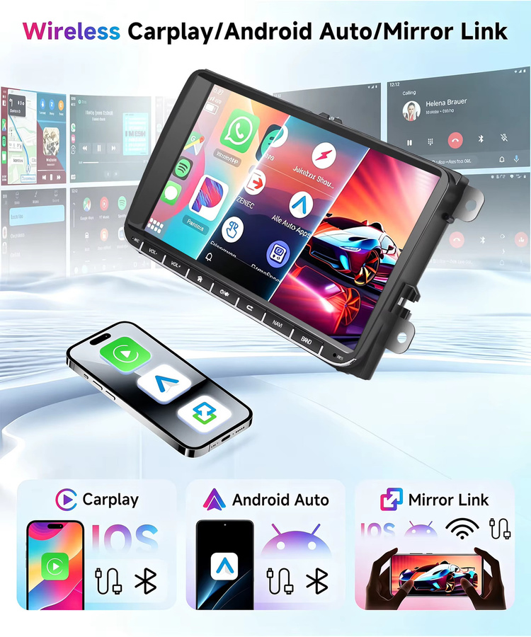 ESSGOO Android 15 Autoradio mit 9 Zoll Display, 64G Speicher, kabellosem Carplay, Android Auto und GPS-Navigation für SEAT SKODA VW Golf 5 6 Plus Tiguan Touran Polo Caddy EOS 6R Passat Jetta Rabbit T5 Sharan, Schwarz - Bild 3