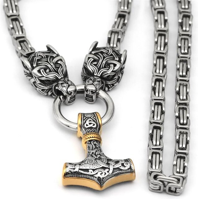 Rany und Roy Halskette Edelstahl, Wolfskopf Thors Hammer Anhänger, 50cm, Herren - Bild 1